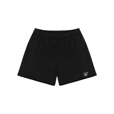 Black mesh mid-length training short with Freedom Forge logo, American-made mens workout short