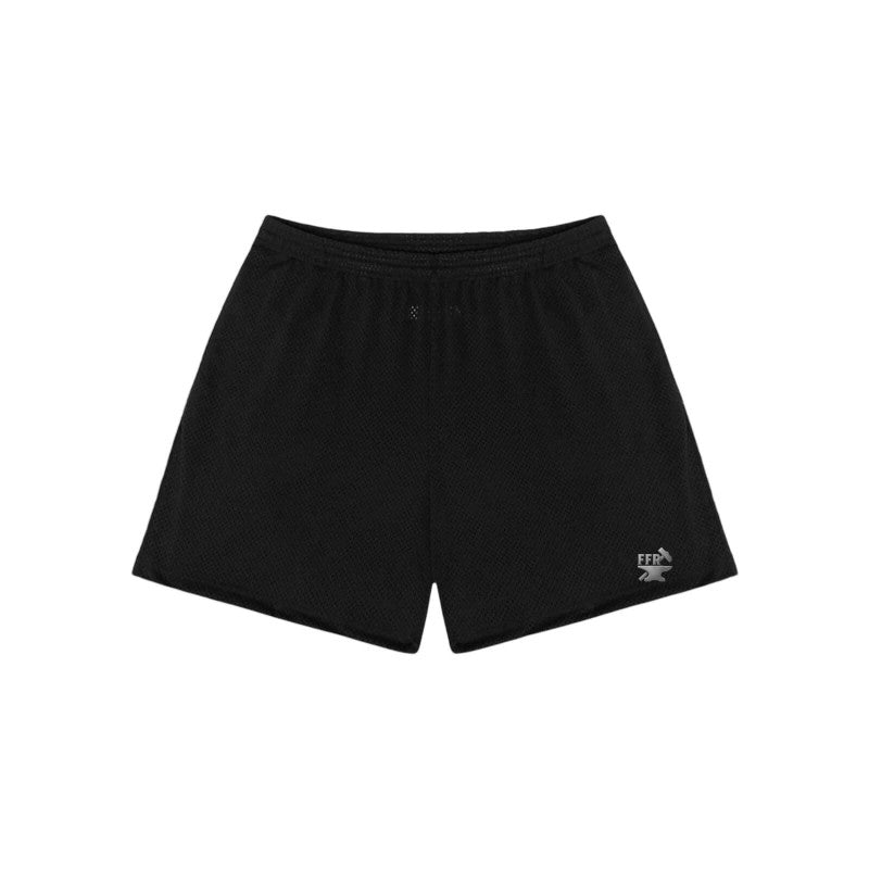 Black mesh mid-length training short with Freedom Forge logo, American-made mens workout short