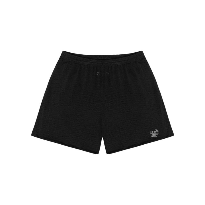Black mesh mid-length training short with Freedom Forge logo, American-made mens workout short
