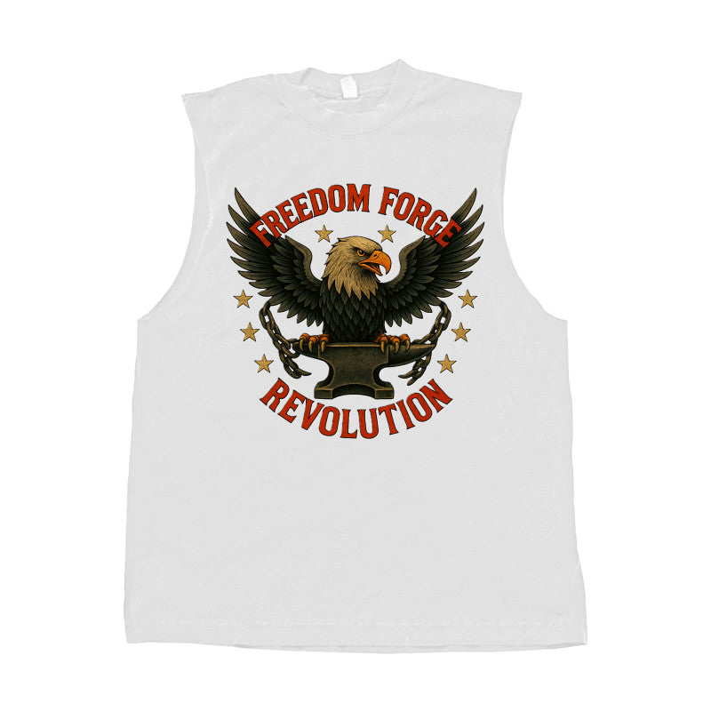 White sleeveless tee featuring a Freedom Forge Revolution eagle design on the front