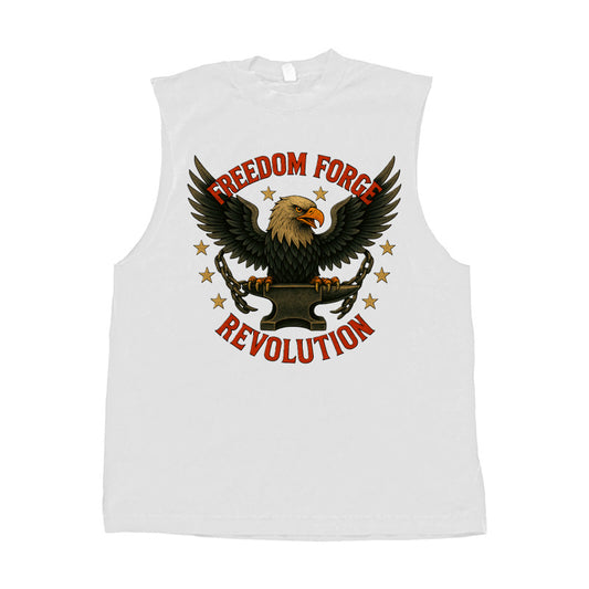 White sleeveless tee featuring a Freedom Forge Revolution eagle design on the front