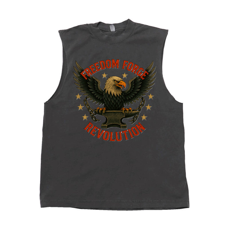 Black sleeveless tee featuring a Freedom Forge Revolution eagle design on the front