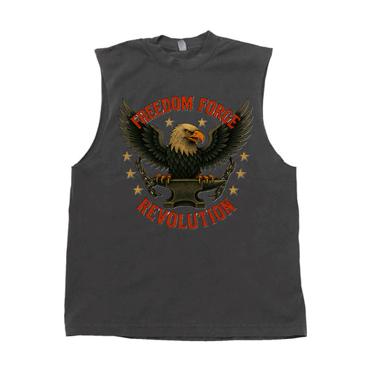 Black sleeveless tee featuring a Freedom Forge Revolution eagle design on the front