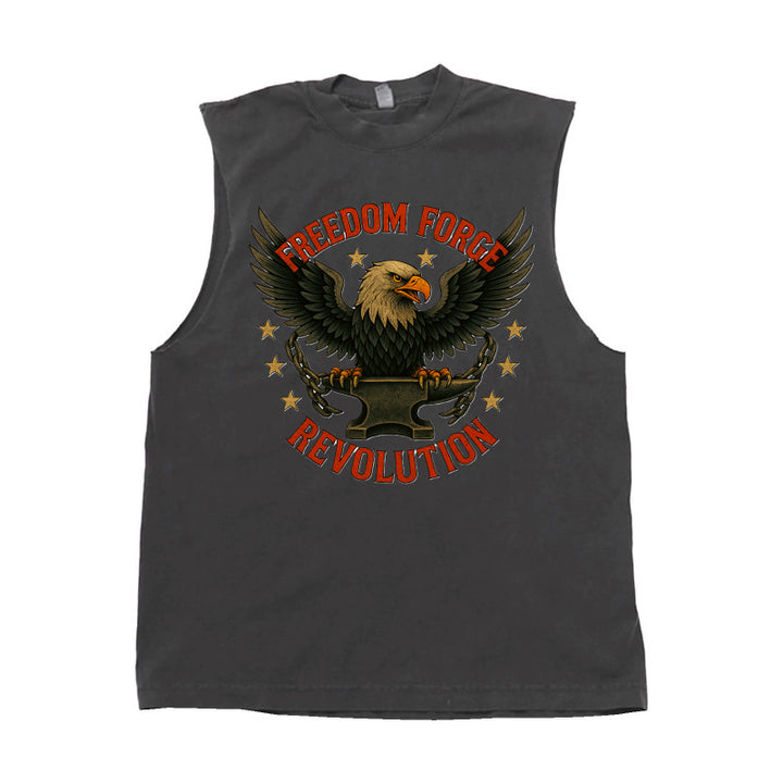 Black sleeveless tee featuring a Freedom Forge Revolution eagle design on the front